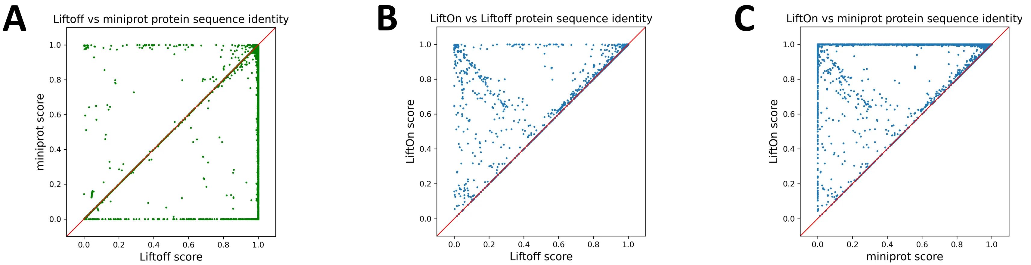 Three scatter plots of per-transcript protein sequence identity for transcripts lifted from GRCh38 to T2T-CHM13: miniprot vs Liftoff, LiftOn vs Liftoff, and LiftOn vs miniprot.