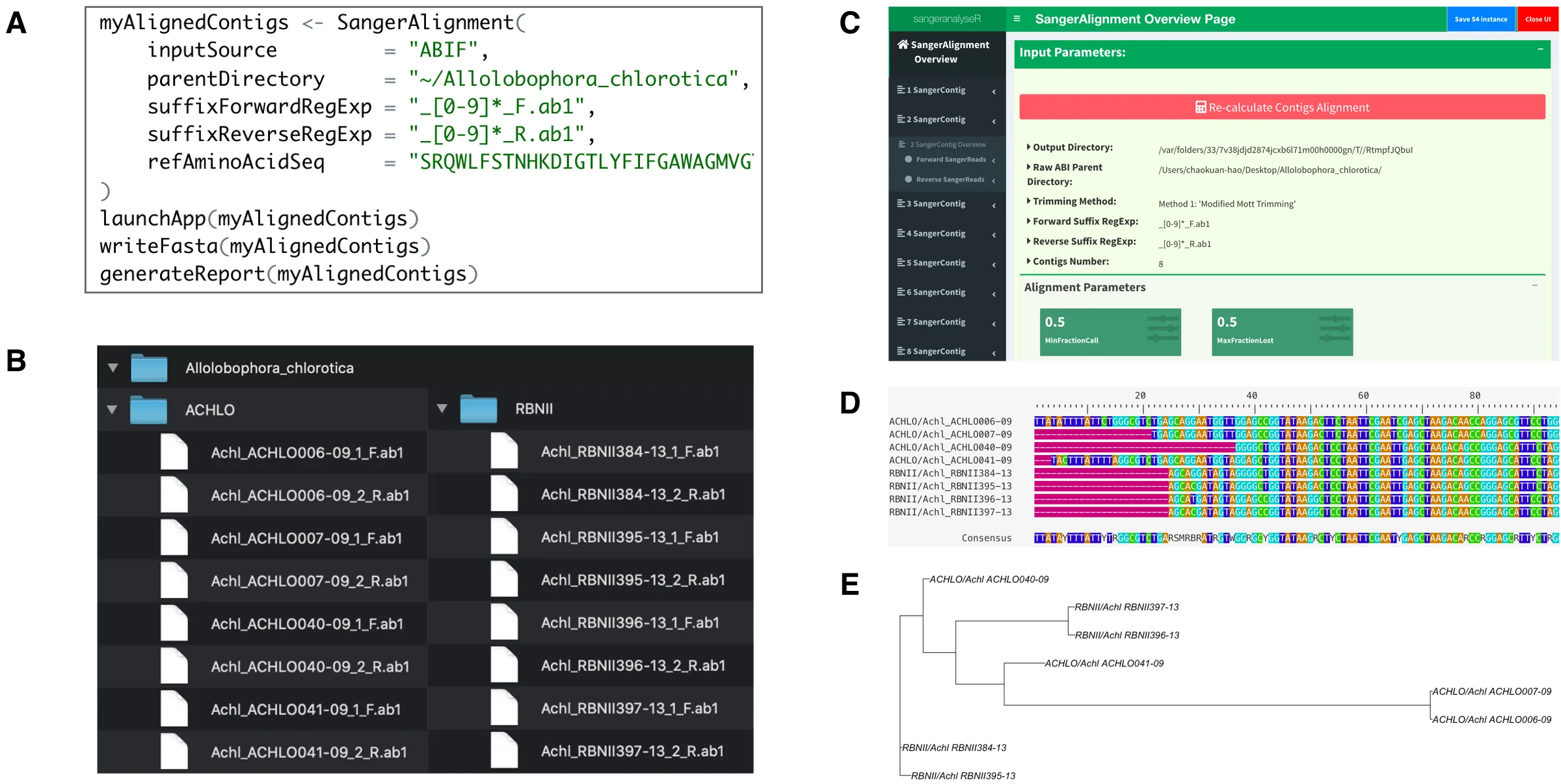 A worked example: four lines of R code, the input file structure, the Shiny overview screen, a multiple sequence alignment of eight consensus contigs, and a neighbour-joining tree.